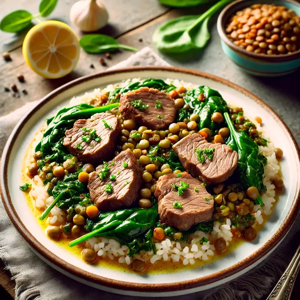 A traditional Lebanese dish, this lamb lentils rice with spinach is packed with nutrients and bursting with spices.