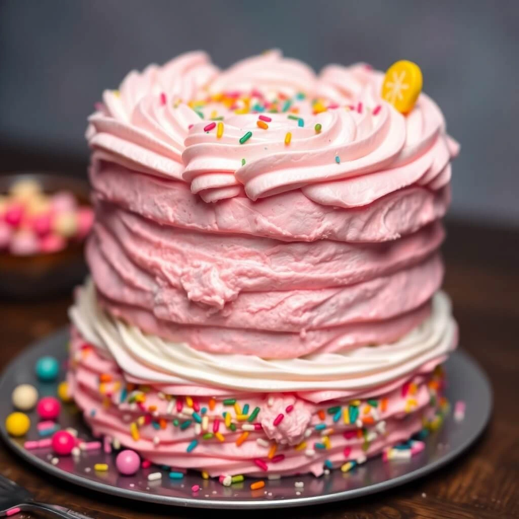 Cotton candy cake topped with fluffy cotton candy clouds, creating a colorful and whimsical dessert