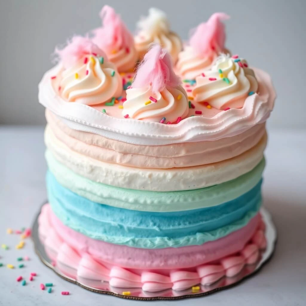 This cotton candy cake is a showstopper, featuring soft cake layers topped with pastel cotton candy, creating a whimsical and irresistible treat for any celebration.