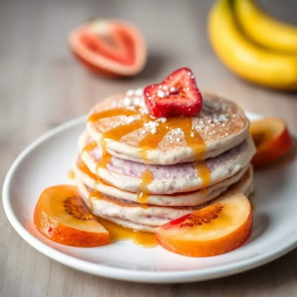 A delicious stack of fluffy pancakes topped with a dollop of creamy Greek yogurt, fresh strawberries, and a drizzle of honey. This recipe for homemade pancakes offers the perfect balance of flavor and texture for a satisfying breakfast.