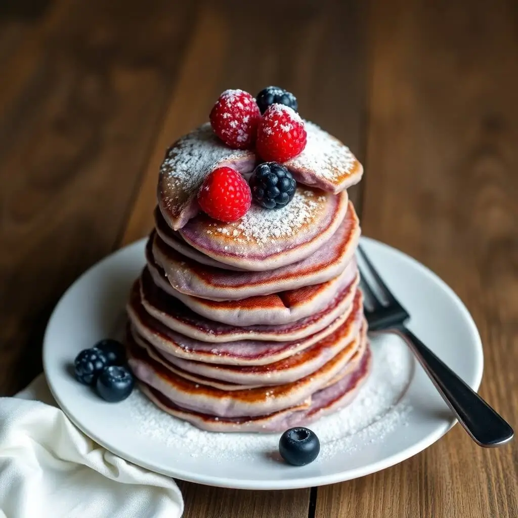 A stack of golden fluffy pancakes drizzled with rich maple syrup and topped with fresh, juicy blueberries. This perfect breakfast treat is made from scratch using a simple, easy pancake recipe, creating a soft and delicious texture in every bite.