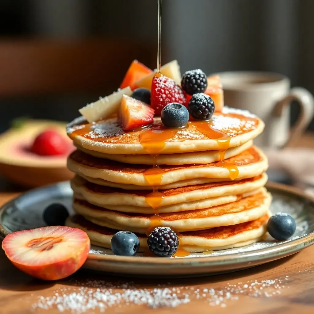 Stack of taro-flavored pancakes topped with fresh fruit, syrup, and powdered sugar on a breakfast table.