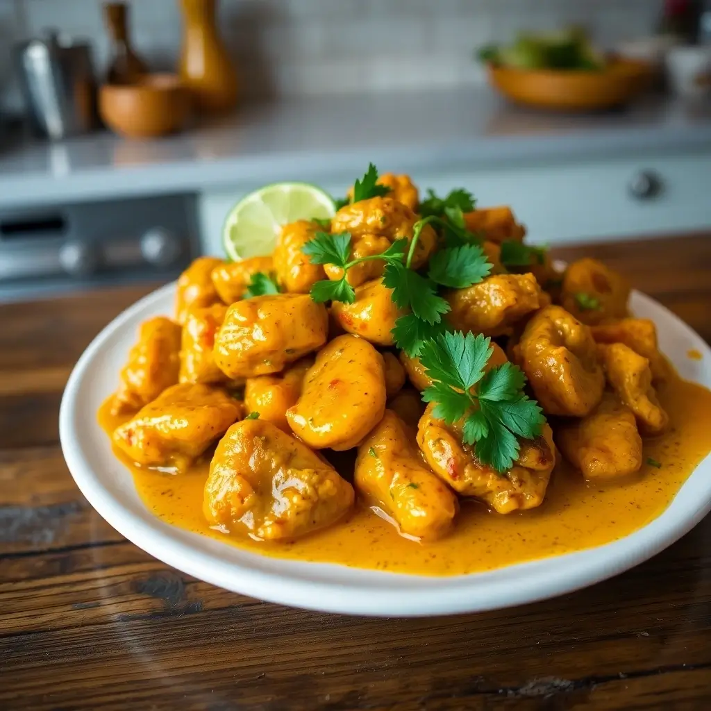 Churu Chicken Amarillo with creamy aji amarillo sauce served with rice and fresh cilantro garnish.