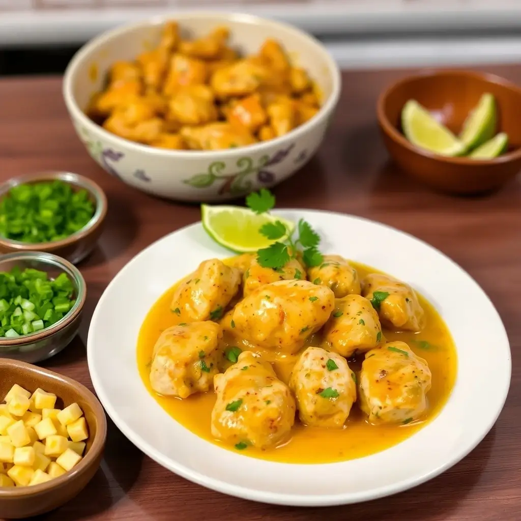 A vibrant plate of Churu Chicken Amarillo, showcasing rich Peruvian flavors with its bold yellow sauce and spices.