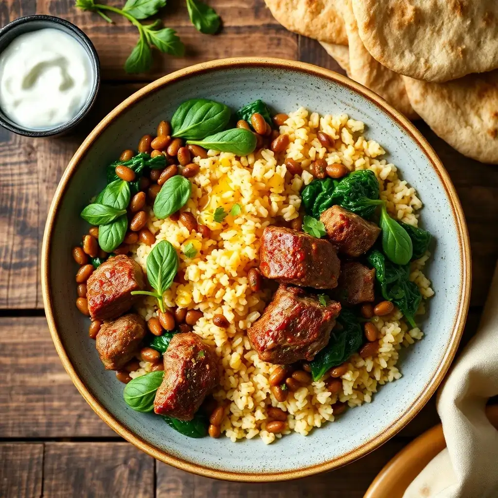 Savor the authentic taste of Lebanon with this rich and comforting dish of lamb, lentils, rice, and spinach.