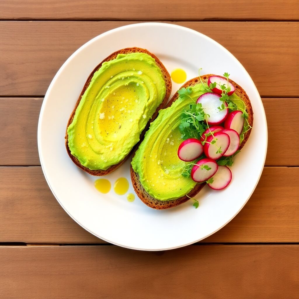 A beautifully plated avocado toast topped with microgreens and a dash of lemon juice, offering a light and nutritious start to your day.