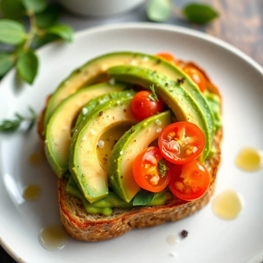 Fresh and vibrant avocado toast served with ripe tomato slices and basil leaves, drizzled with olive oil for a flavorful and healthy breakfast option.