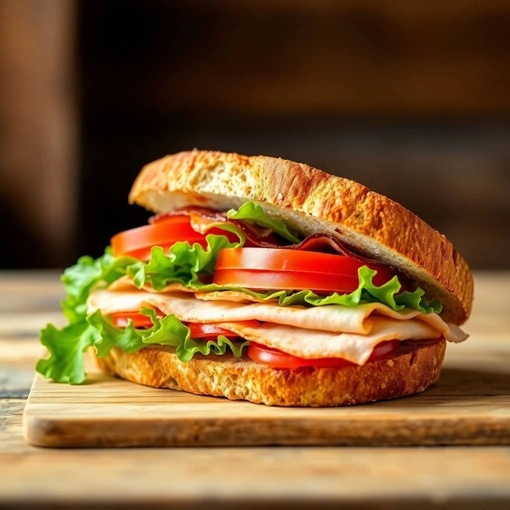 A delicious knob sandwich stacked with fresh veggies, savory protein, and hearty bread, perfect for a satisfying meal.