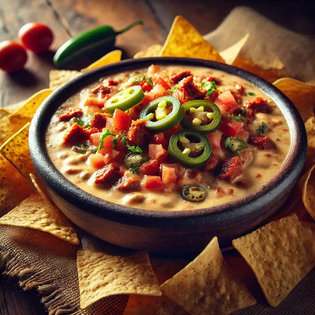 Smoked queso dip served in a bowl with melted cheese, smoky flavors, and garnished with fresh herbs.