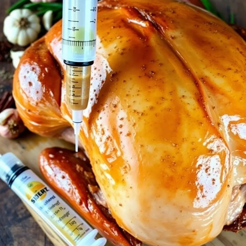 Turkey Injection Recipe: Tender turkey with a shiny, golden-brown skin after injecting flavorful marinade.