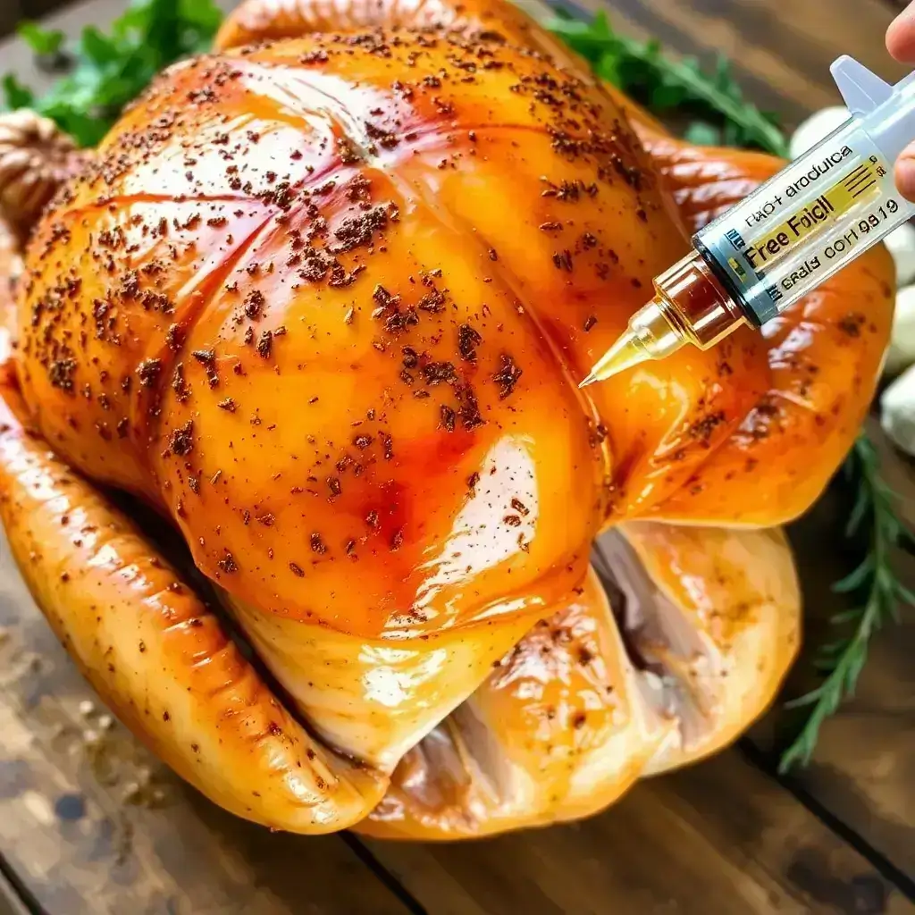 Turkey Injection Recipe: Seasoned turkey with garlic and herbs, using a syringe for injecting flavorful marinade.