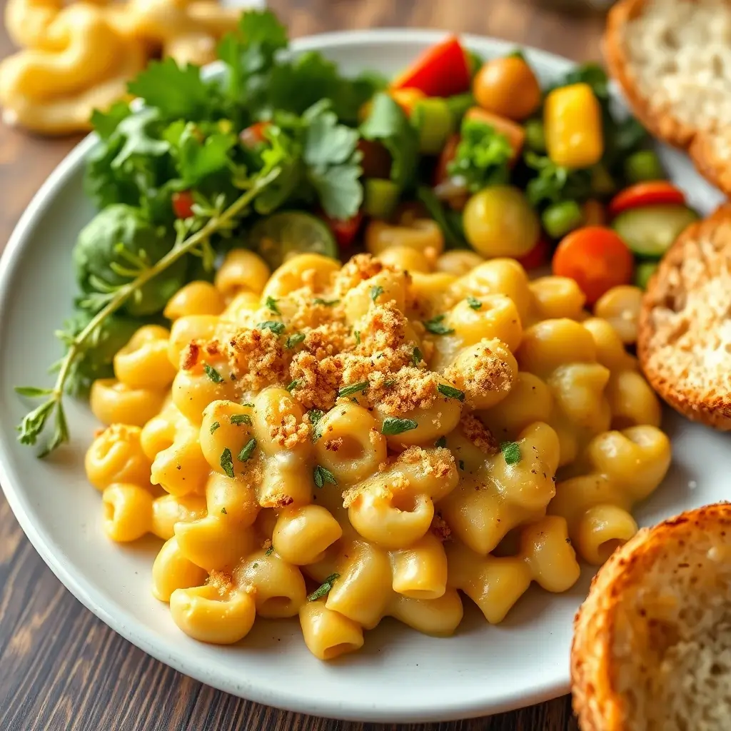 Kraft Recipes: Rich, cheesy macaroni and cheese served with garlic bread and a fresh salad.