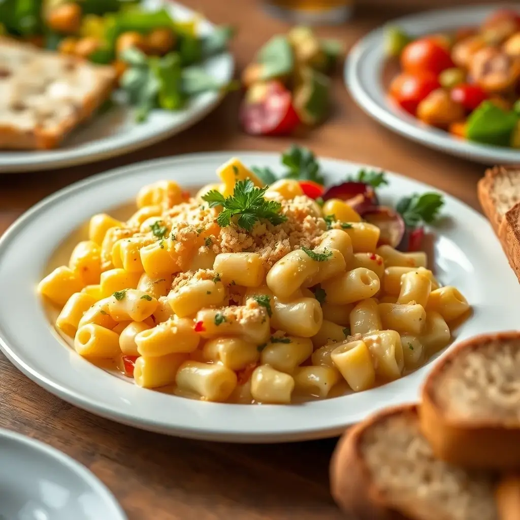 Kraft Recipes: Flavorful macaroni and cheese made with Kraft ingredients, served with colorful sides.