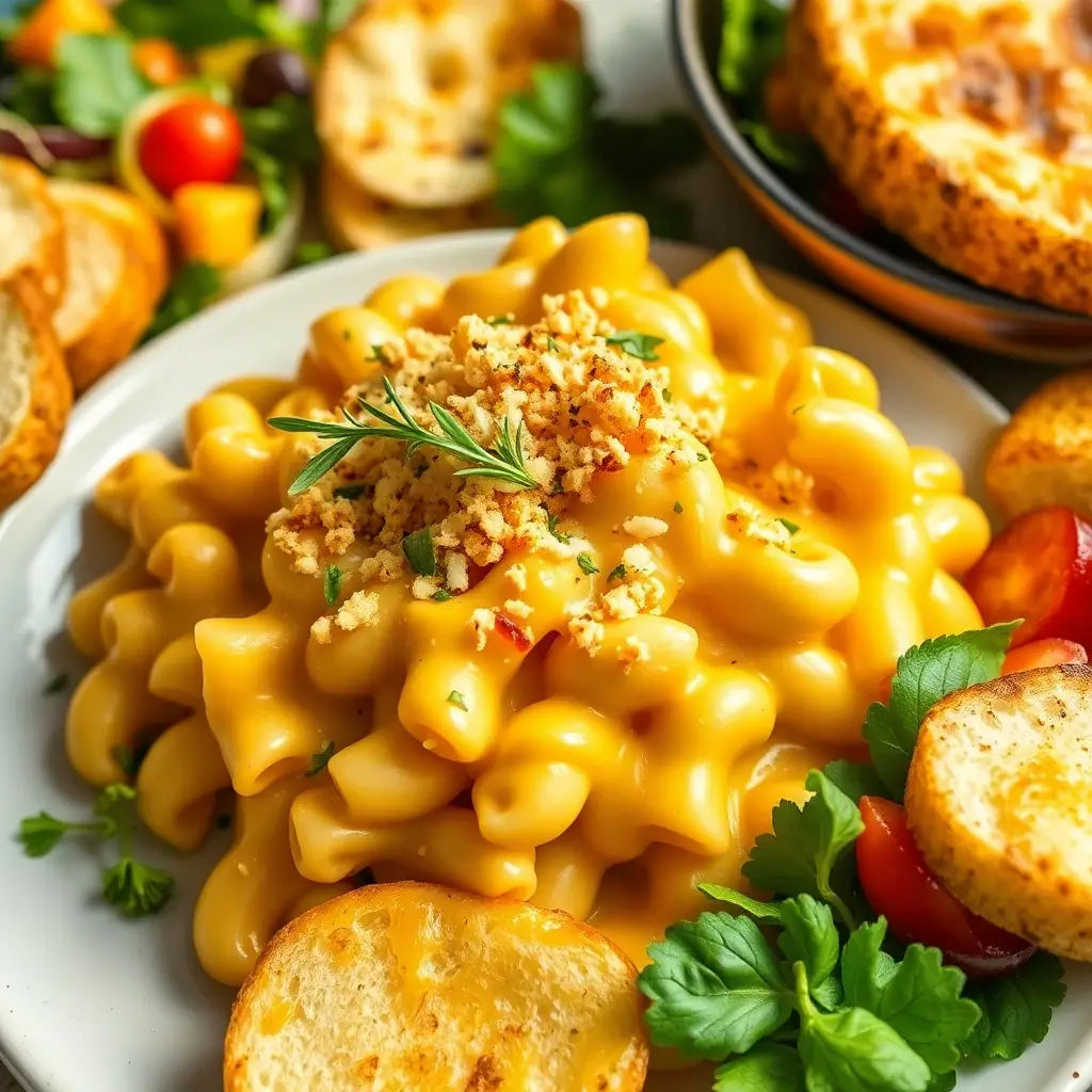 Kraft Recipes: Delicious plate of creamy macaroni and cheese with fresh herbs and crispy breadcrumbs.