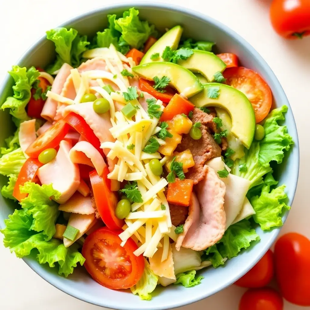 Sub in a Tub recipe: A vibrant, low-carb bowl filled with fresh vegetables, deli meats, and cheese, served without bread.