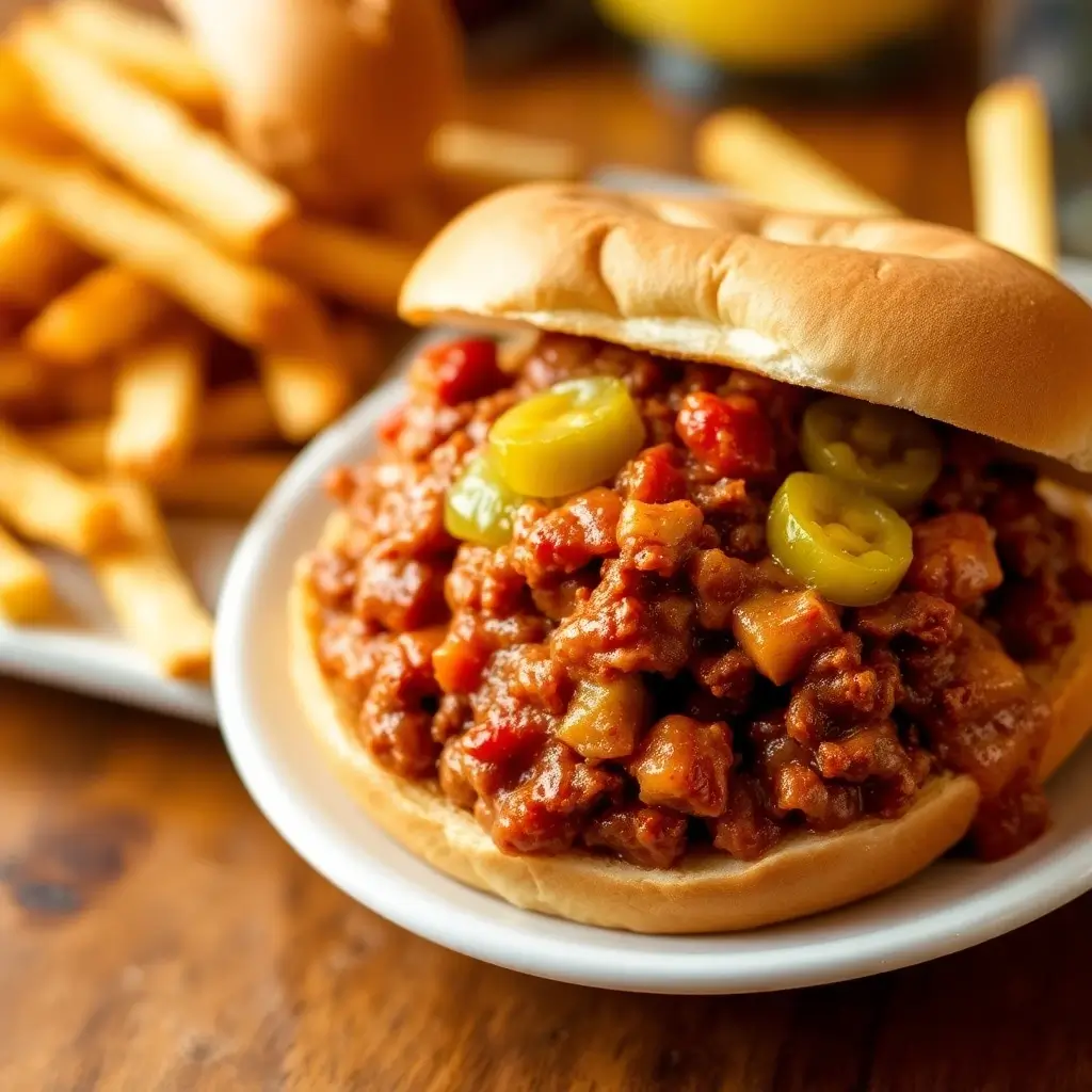 Sloppy Joe recipe: Delicious plate of sloppy joe on a toasted bun, served with crispy fries and pickles.