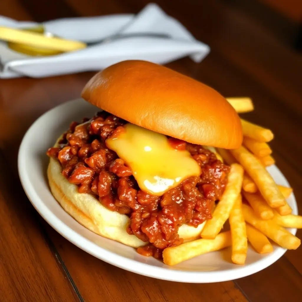 Sloppy Joe recipe: Hearty and flavorful sloppy joe sandwich with melted cheese, served with golden fries.