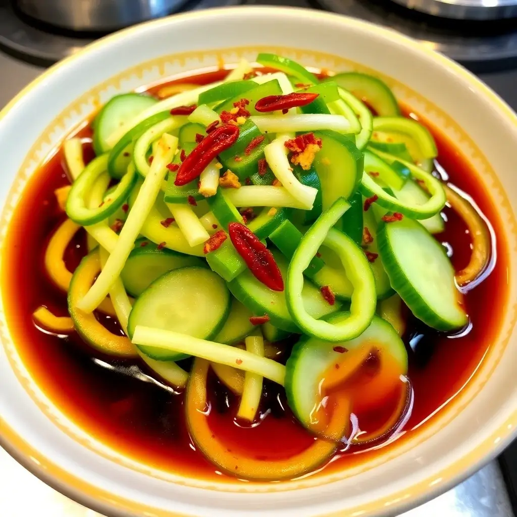 Plated Din Tai Fung cucumber recipe showcasing the vibrant, crisp cucumbers and seasonings.