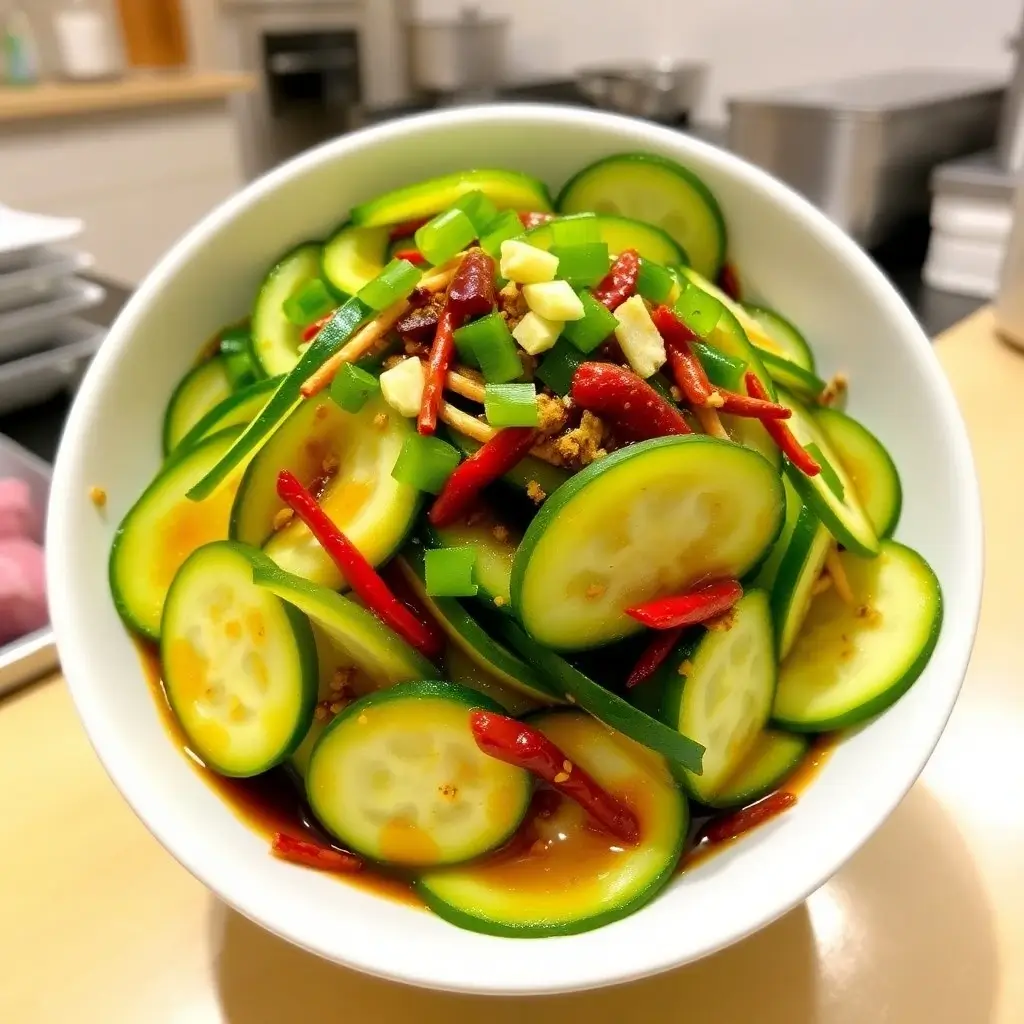 Close-up of the ingredients for making the Din Tai Fung cucumber dish.