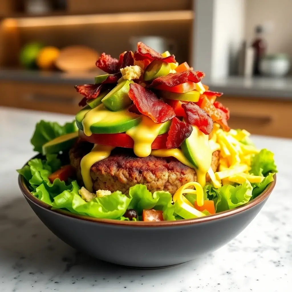 Burger Bowl Recipe: A satisfying low-carb, keto meal with a perfectly cooked burger patty, fresh vegetables, cheese, and avocado.