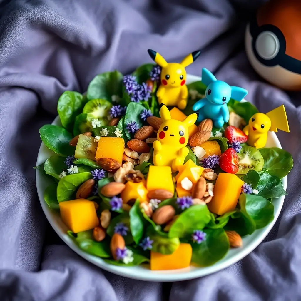 Pokémon Sleep Salad: A colorful, relaxing salad with fresh ingredients like spinach, kiwi, and fruit, featuring Pikachu or Squirtle characters.