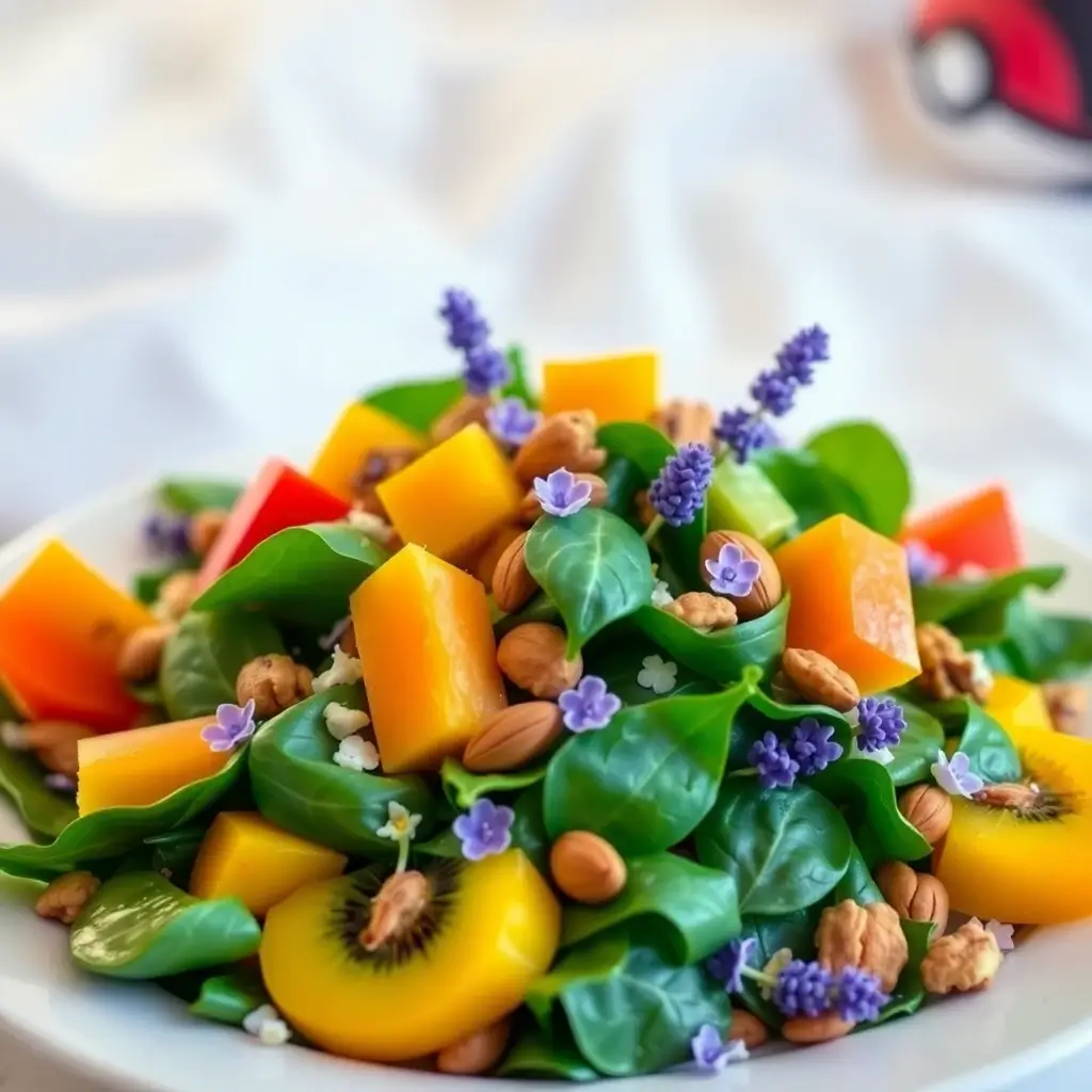 Pokémon Sleep Salad: A whimsical salad with chamomile, kiwi, lavender, and playful Pokémon designs, perfect for promoting sleep.