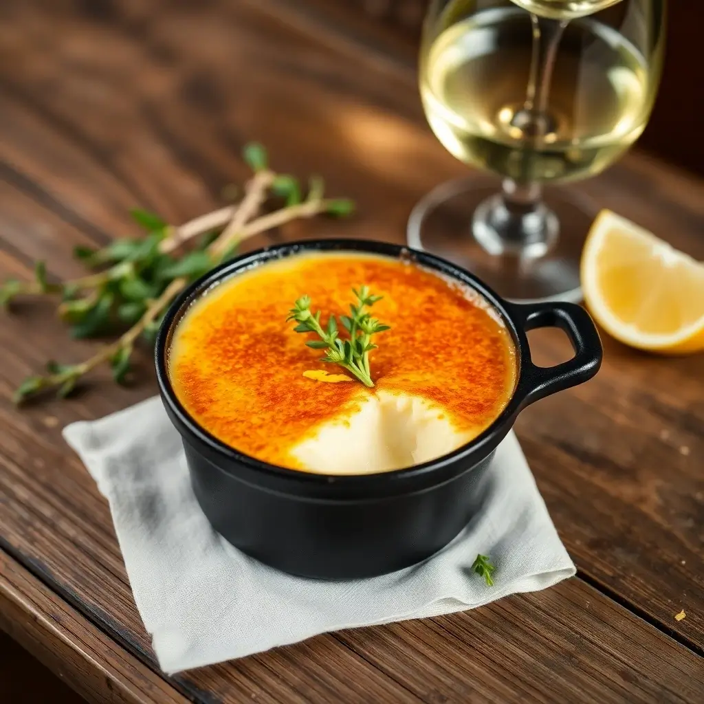 Crab Brulee Recipe Served in a Porcelain Bowl with Lemon Zest and Fresh Herbs