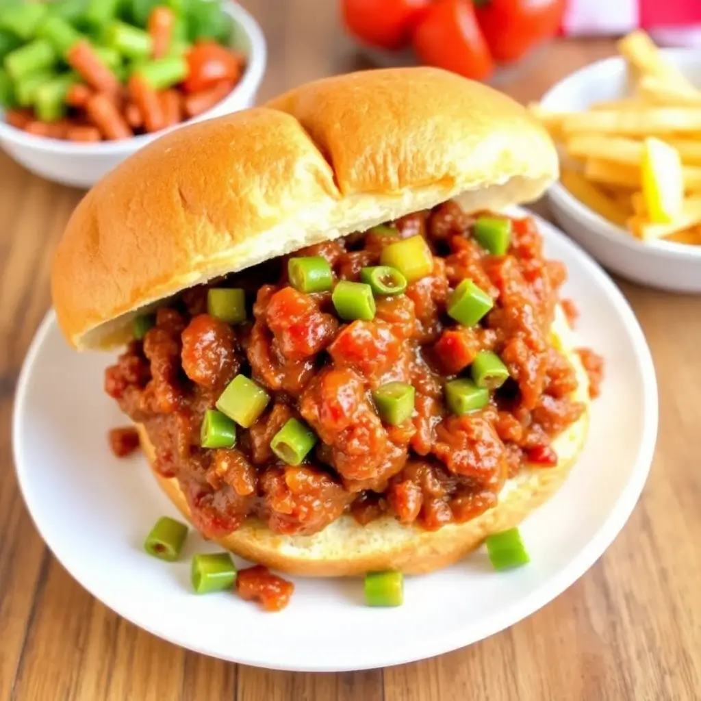 Sloppy Joe recipe: Savory, juicy sloppy joe filling on a toasted bun, paired with crispy fries and fresh pickles.