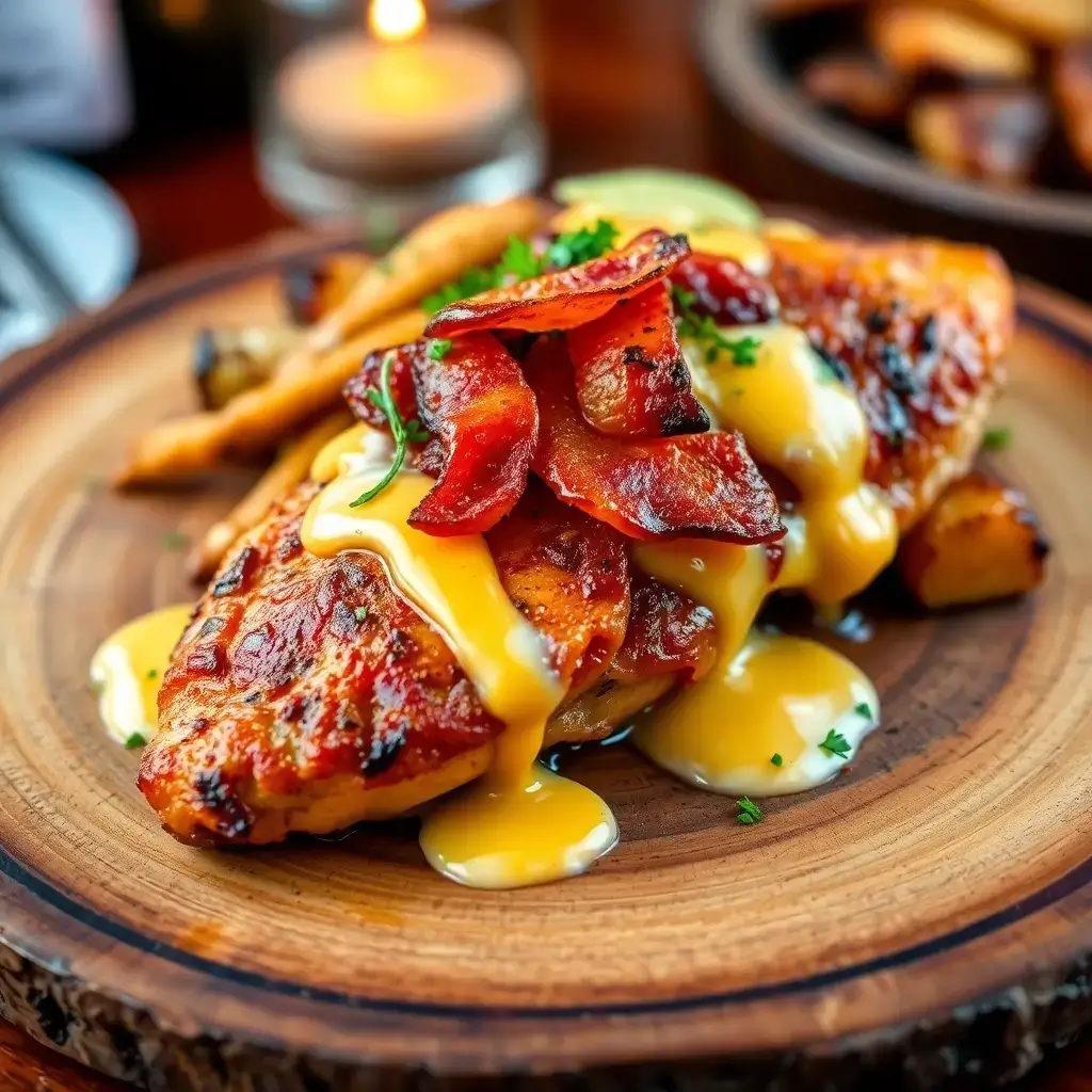 Alice Springs Chicken: Juicy chicken breast topped with crispy bacon, melted cheese, and creamy honey mustard sauce.