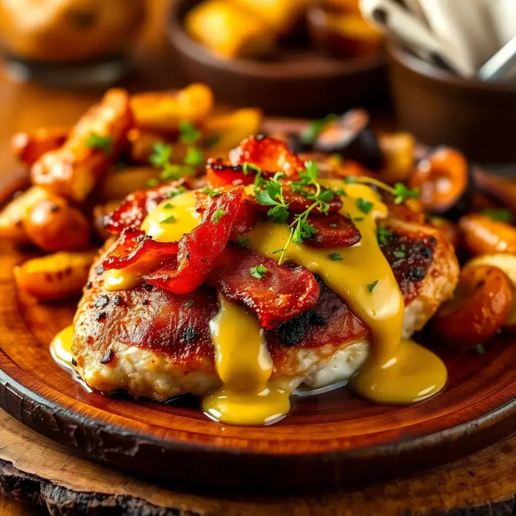 Alice Springs Chicken: Tender chicken with bacon, cheese, and honey mustard sauce, garnished with fresh herbs.