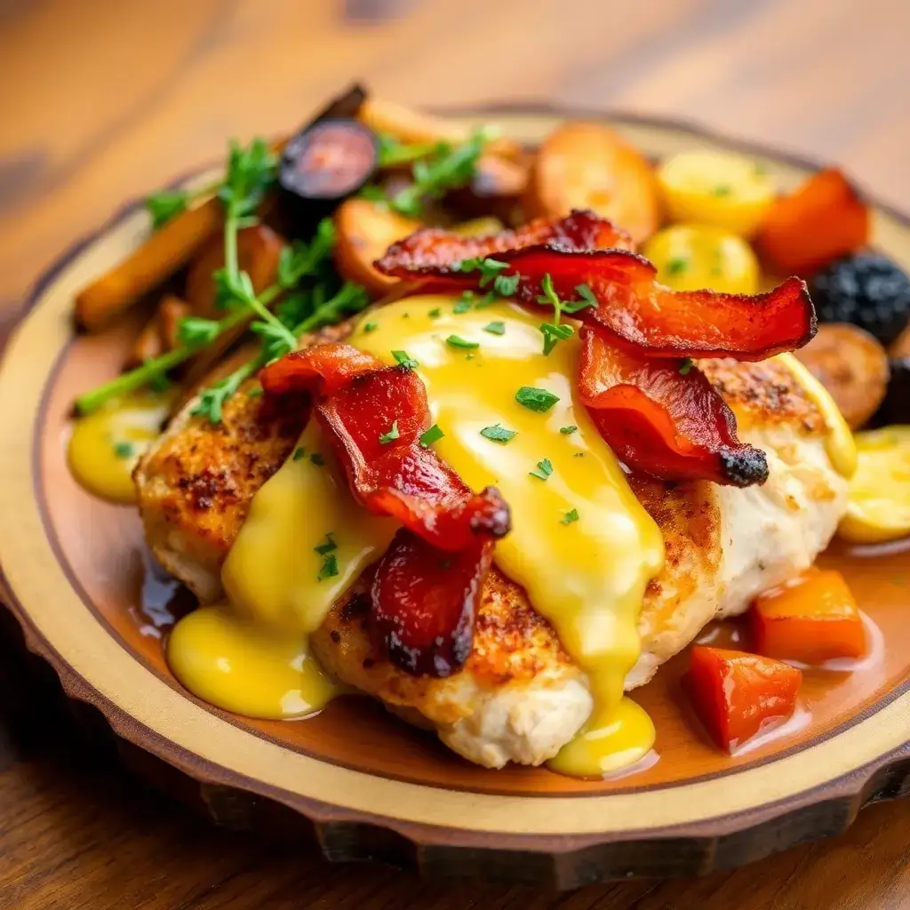 Alice Springs Chicken: A hearty dish with crispy bacon, melted cheese, and a drizzle of creamy honey mustard sauce.