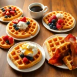 Waffles Recipe with fresh berries and maple syrup on a warm, golden-brown waffle