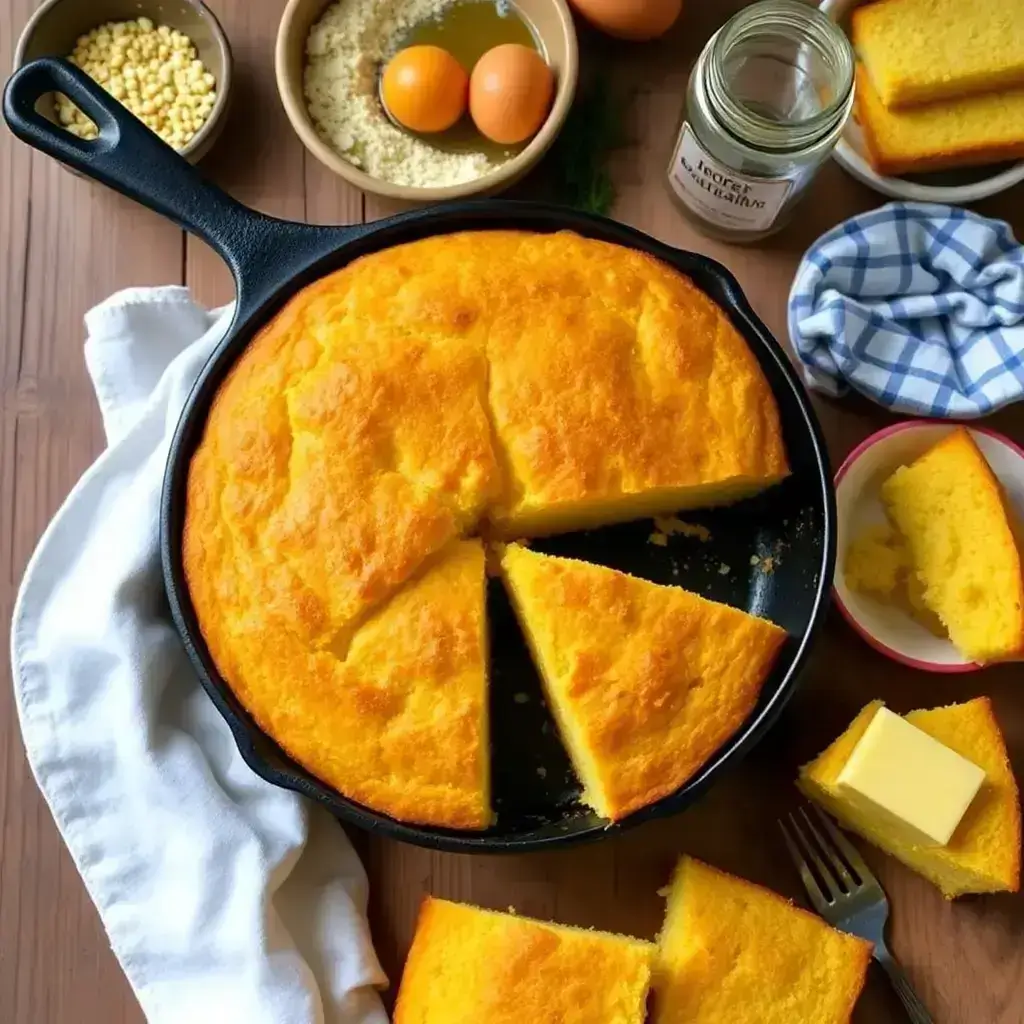 Southern cornbread with beef tallow, golden and fluffy, served in a cast iron skillet with a crispy crust.