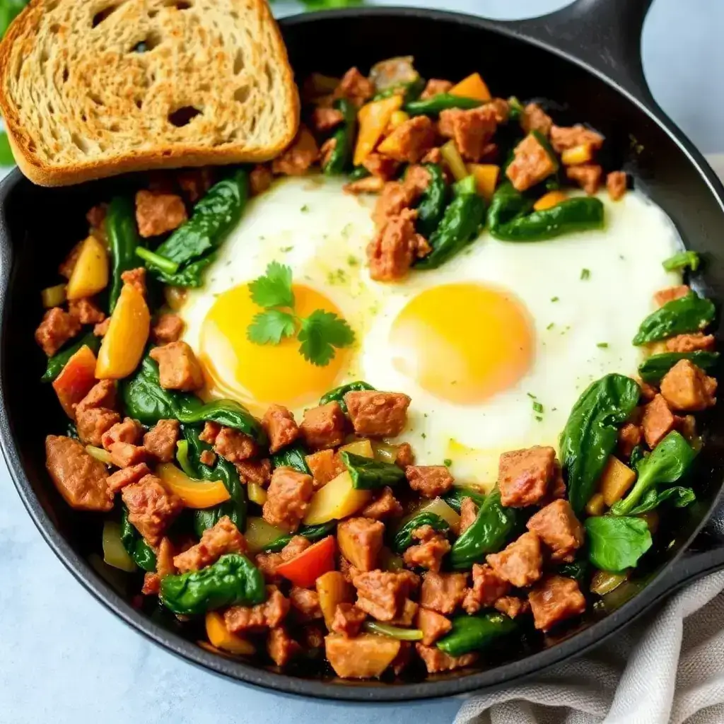 Vibrant corned beef breakfast recipe featuring eggs, bell peppers, spinach, and whole-grain toast – a quick, nutritious, and budget-friendly meal.