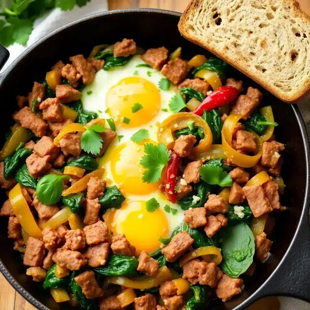 Protein-packed canned corned beef breakfast skillet with sautéed vegetables, scrambled eggs, and cheese – a healthy no-potato breakfast option.