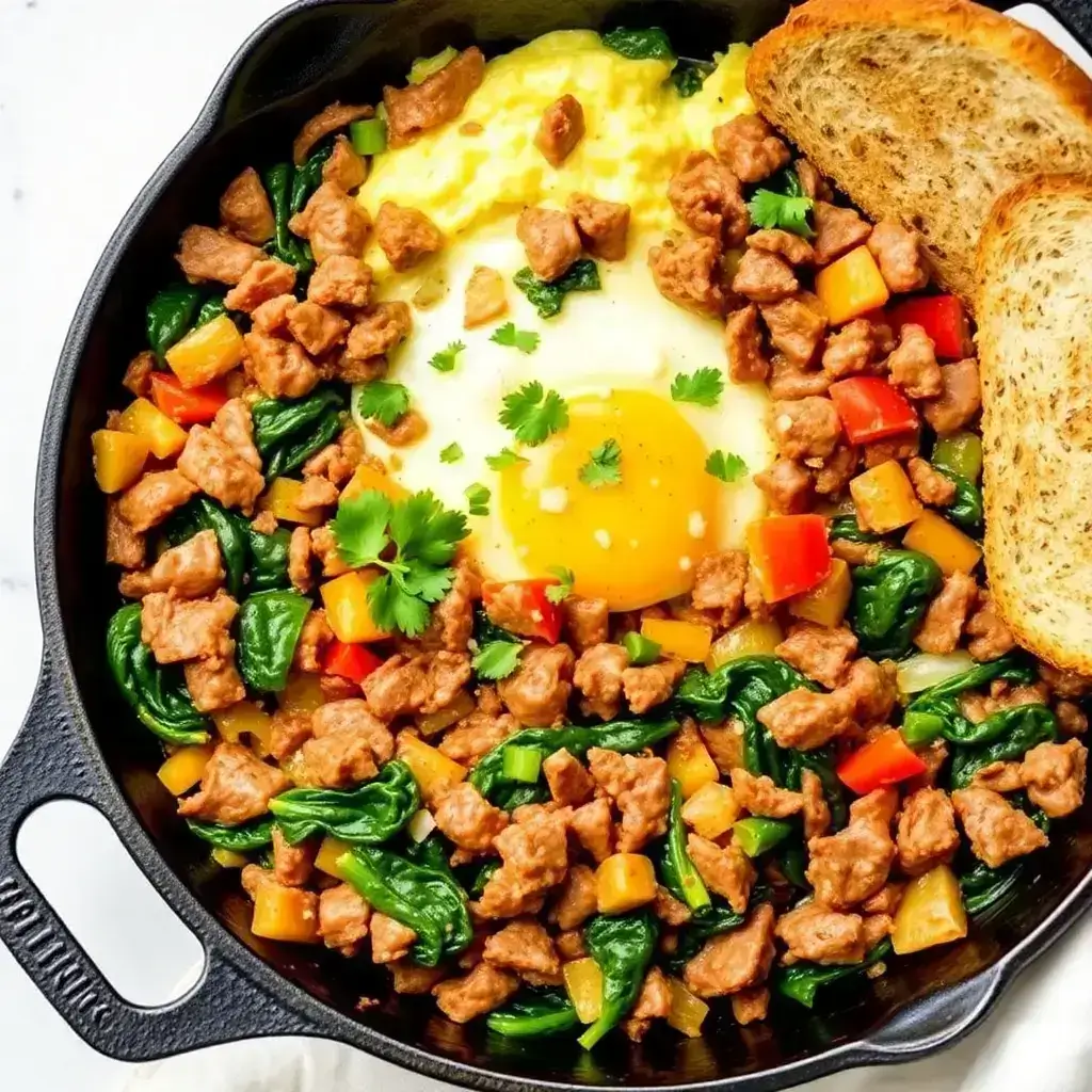 Delicious canned corned beef breakfast skillet with eggs, sautéed onions, and bell peppers – a low-carb, healthy, and satisfying breakfast without potatoes.