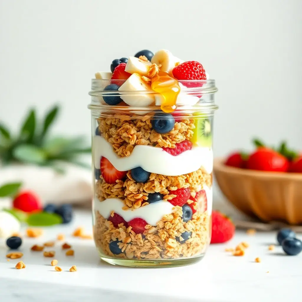 Healthy granola and yogurt parfait served in a glass with colorful toppings