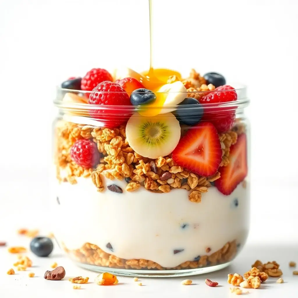 Delicious granola and yogurt parfait layered with fruits and granola