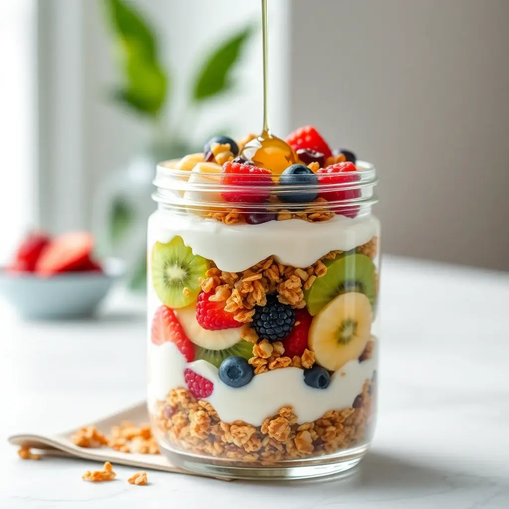 Granola and yogurt parfait with fresh fruit and honey