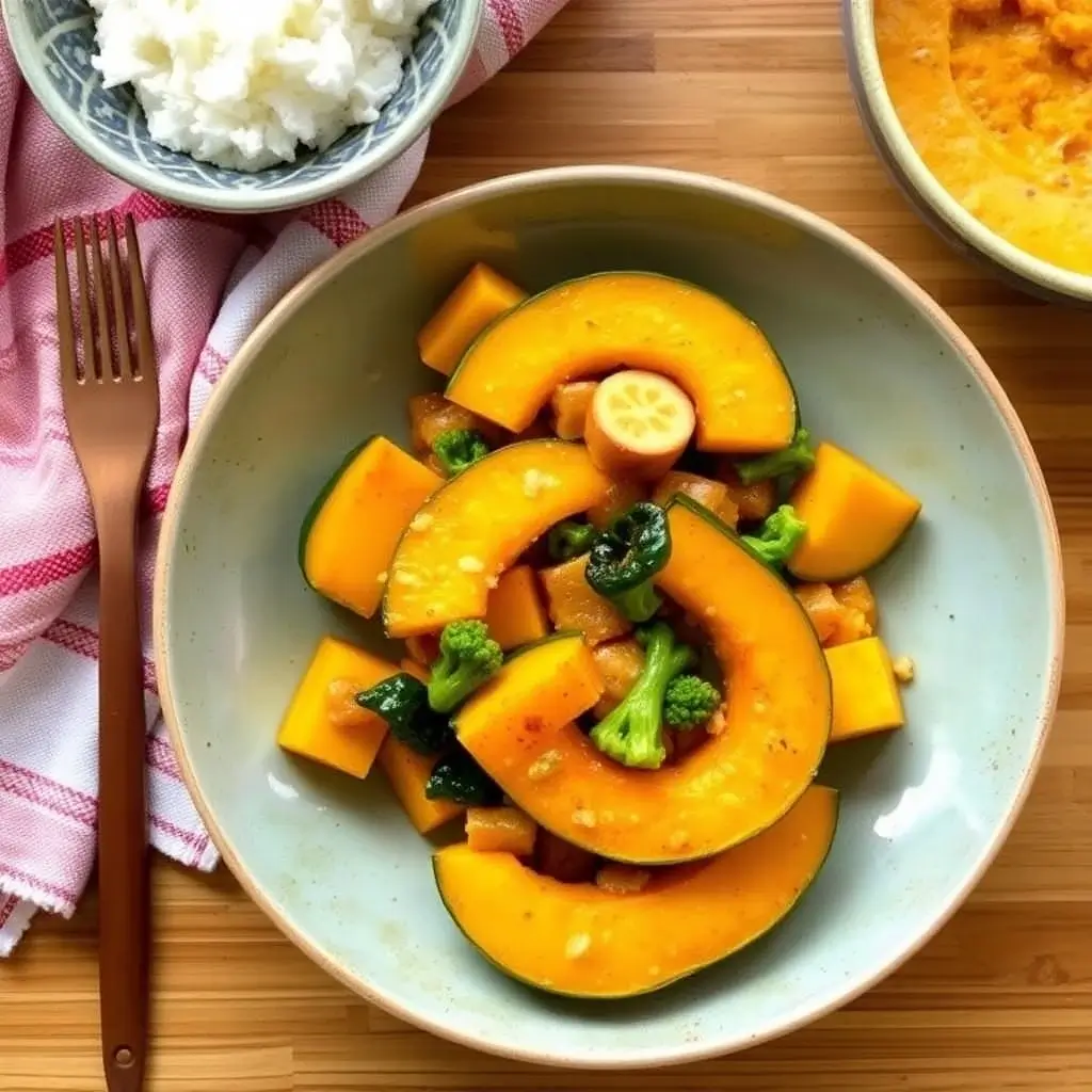 Vibrant vegan kabocha squash dishes inspired by Chinese flavors, including stir-fry, soup, and savory vegetables.